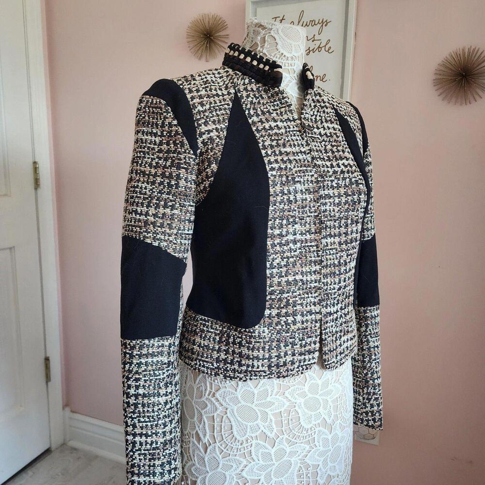 LKNW Rachel Roy tweed brown black tan metallic zip blazer adorable S